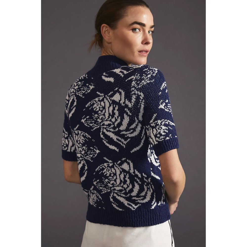 Maeve Anthropologie Divendra Floral Mock Neck Short Sleeve Sweater Navy Blue S